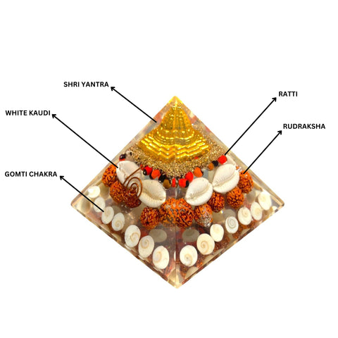 The Crystal Laxmi Pyramid With Shree Yantra, Gomti Chakra, Rudraksha, Chirmi & Kaudi Shells.