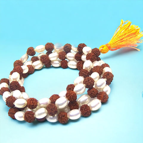 Natural Rudraksha & Pearl Mala 7 mm Beads